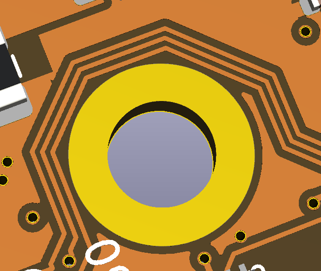 Image showing plated ENIG pad with exposed copper traces (soldermask layer disabled)