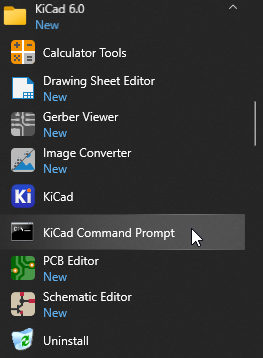 Example of KiCad Command Prompt entry in Start Menu