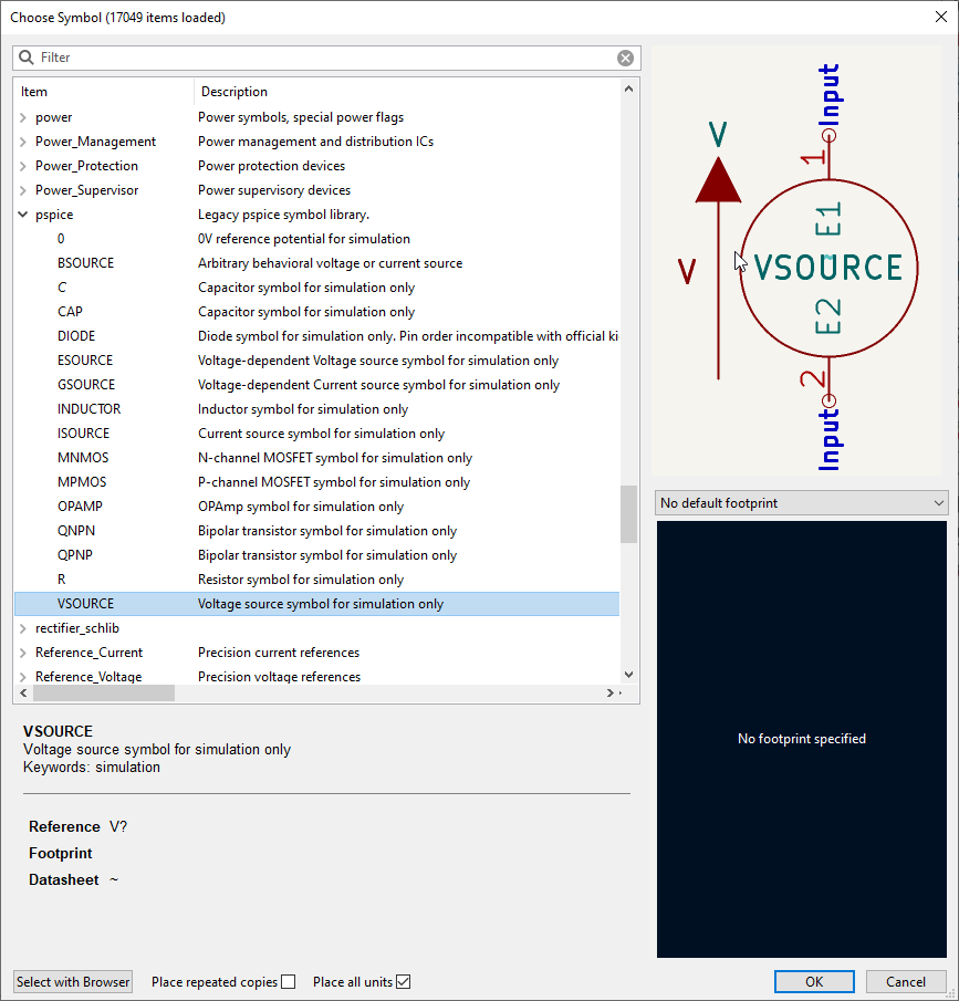 Screenshot of pspice library in symbol picker dialog