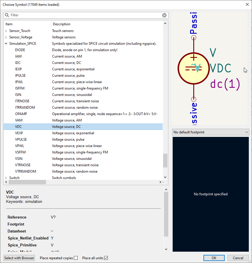 Screenshot of simulation-spice library in symbol picker dialog