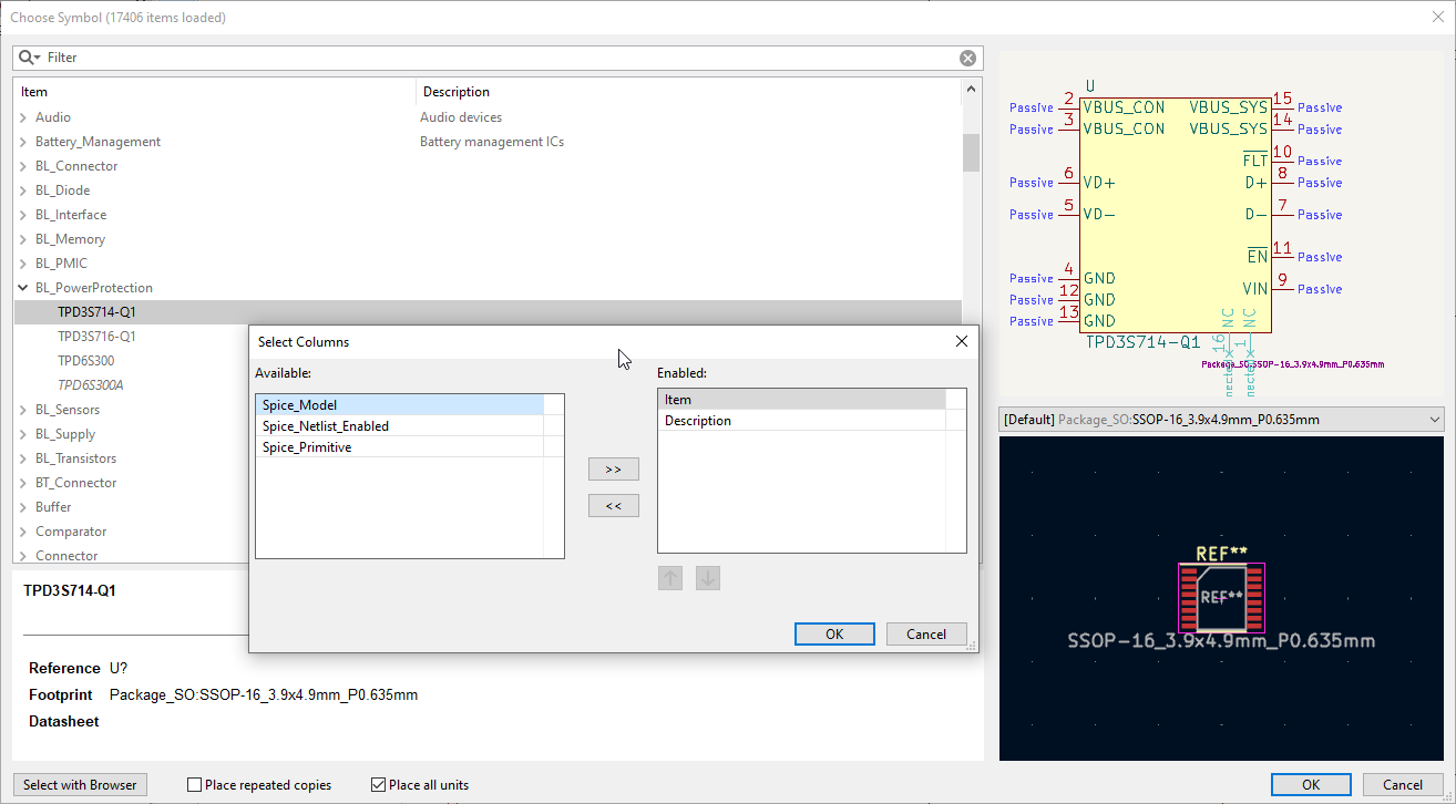 Screenshot of the dynamic columns chooser in the select symbol dialog