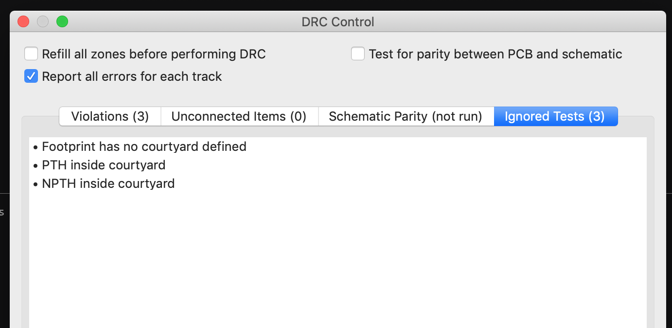 Ignored Tests tab shown in DRC window