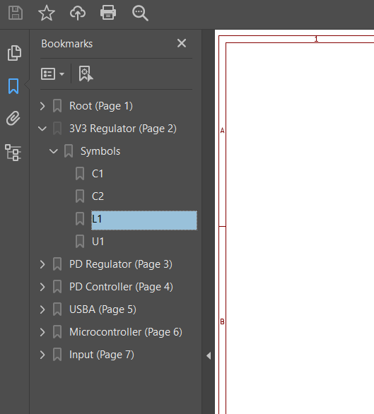 Screenshot of Adobe Reader showing Bookmarks in a plotted schematic