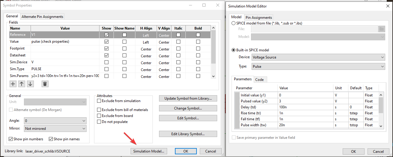 Screenshot showing Simulation Model Editor dialog next to Symbol Properties Dialog