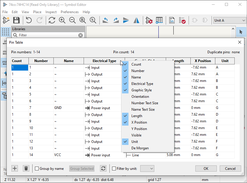 Symbol Editor Pin Table