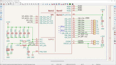 Image of iCEBreaker Bitsy open in the KiCad Schematic Editor