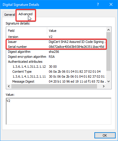 Details button for a digital signature