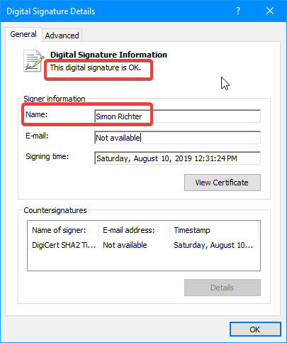 Details button for a digital signature