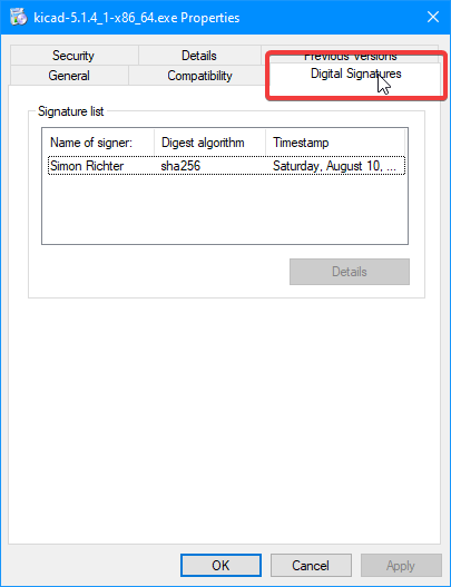 Digital Signatures tab of file properties modal