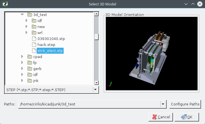 STEP file shown in the 3D previewer in KiCad